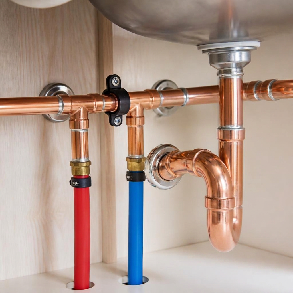 Close-up of clean, finished copper and PEX plumbing work under a sink