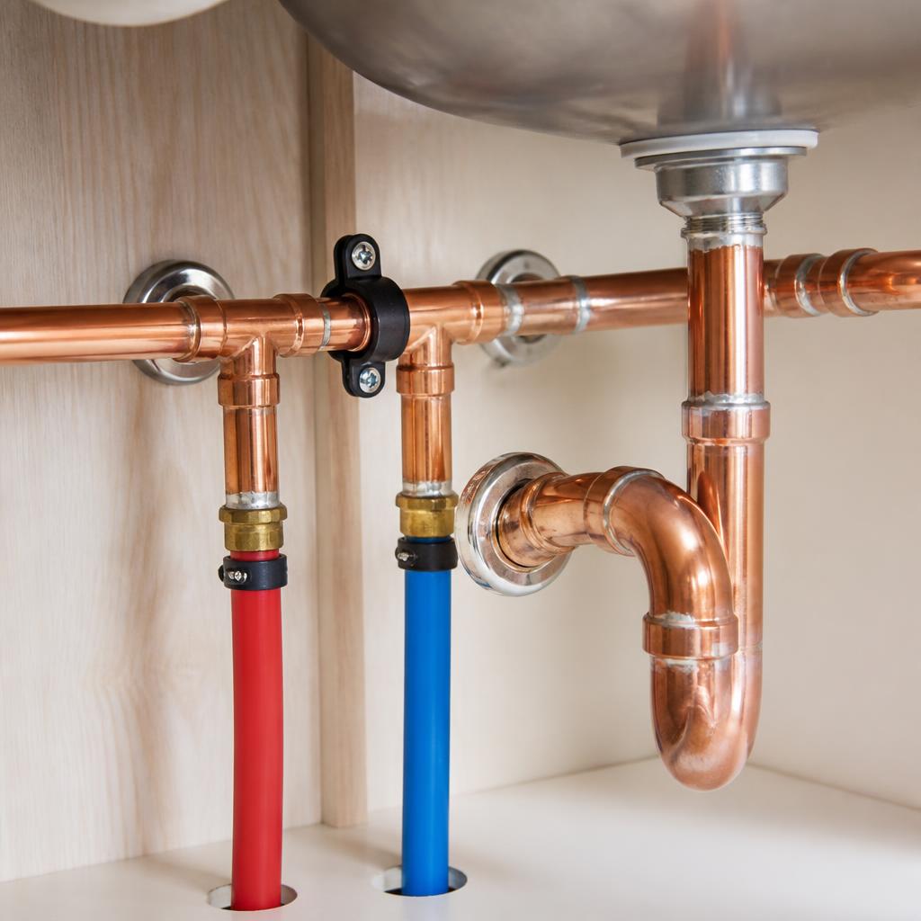 Close-up of clean, finished copper and PEX plumbing work under a sink