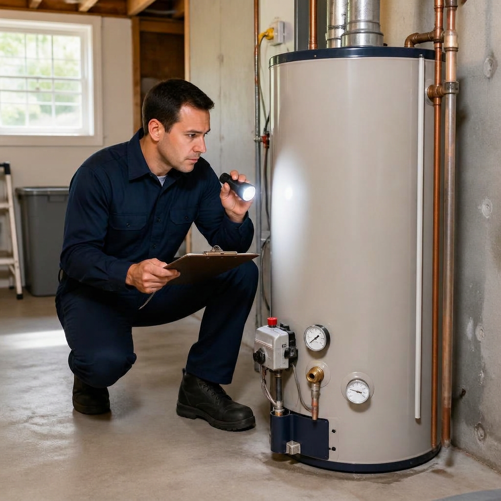 Technician inspecting a residential water heater in a clean basement