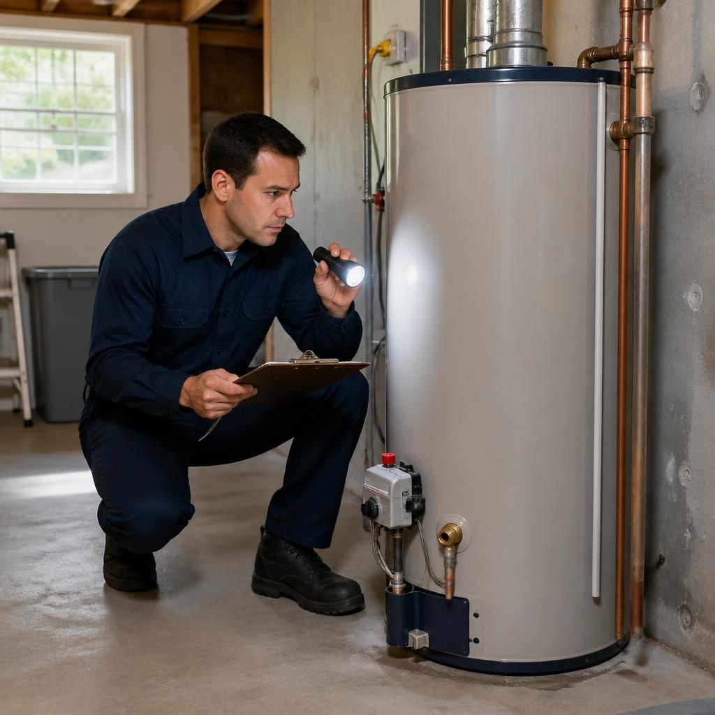 Technician inspecting a residential water heater in a clean basement